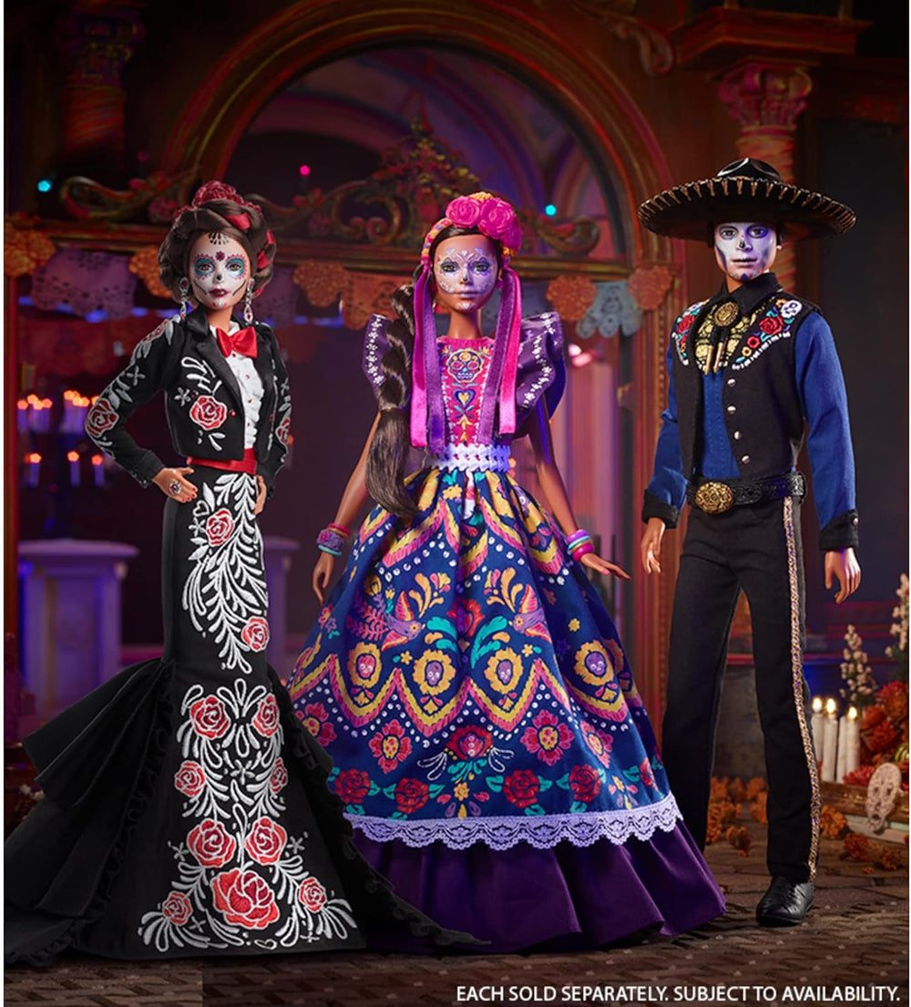 Păpușă Barbie 2022 Día De Muertos cu rochie tradițională cu volane, coroană de flori și vopsea facială Calavera, cadou pentru colecționari