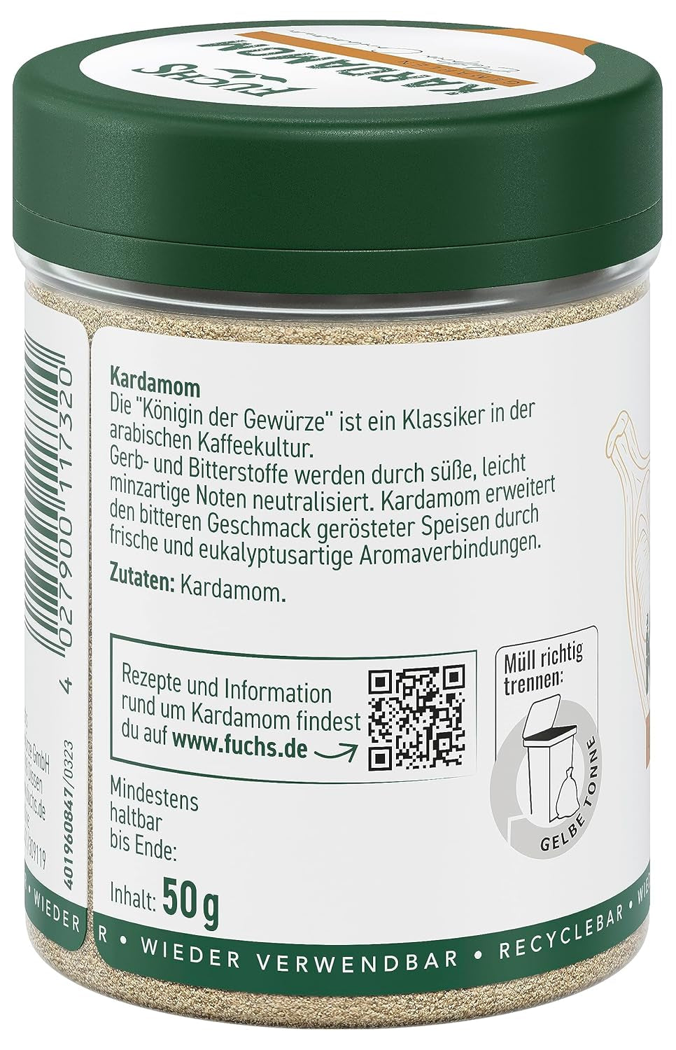 Fuchs Gewürze - Kardamom gemahlen - Gewürz für Glühwein oder Fleischgerichte wie Roastbeef oder Schweinebraten - natural ingredients - 50 g in wiederverwendbarer, recyclebarer Dose
