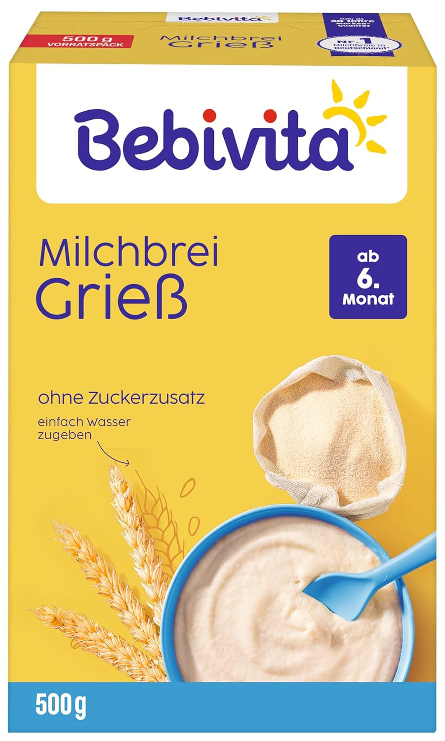 Semolina porridge with milk (4 x 500g), food for babies from 6 months, no added sugar, with valuable minerals and vitamins, very filling