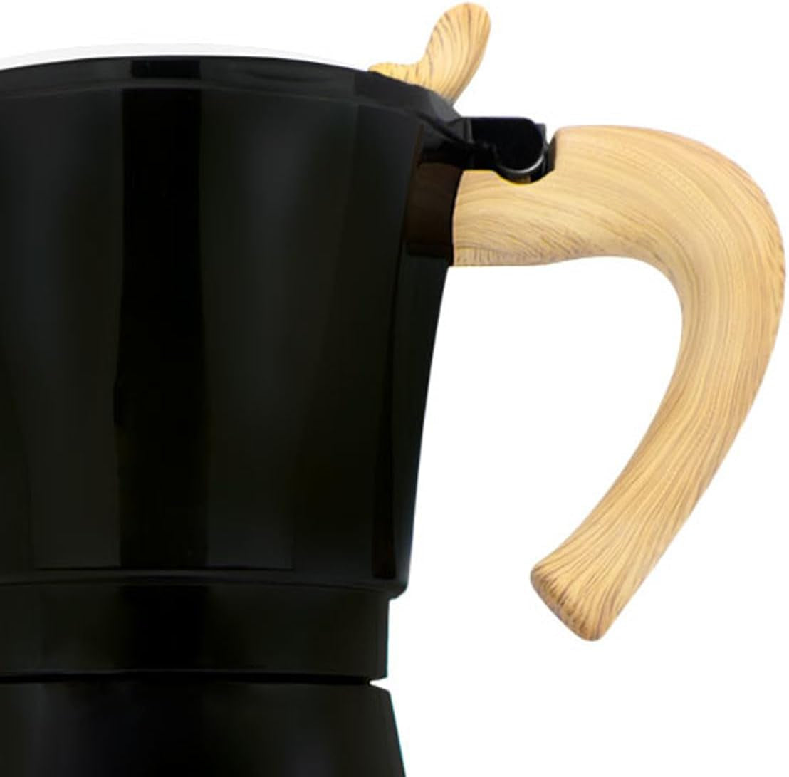 Cafetieră electrică italiană Jocca, aluminiu, 6 cești, cafetieră portabilă și manuală cu mâner din lemn, neagră, stil mocha