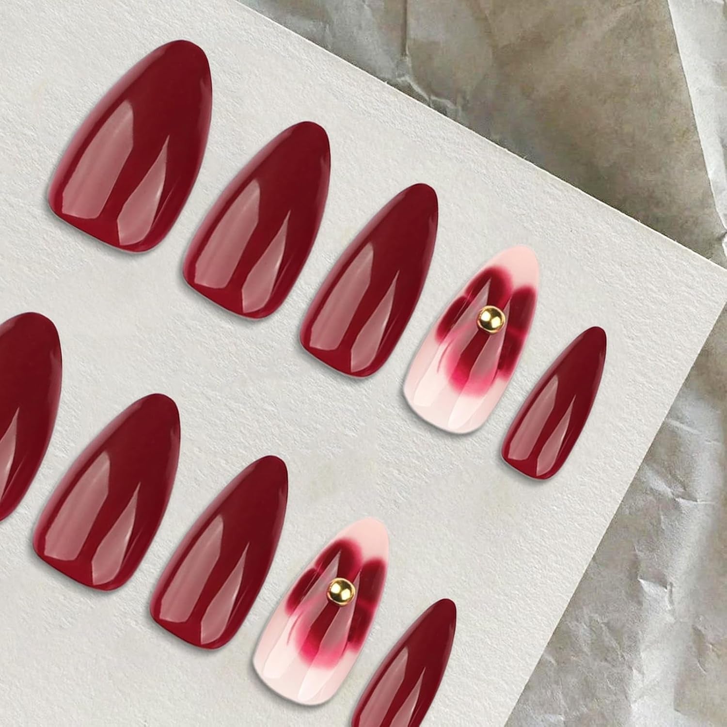 24 Flori Burgundy cu Armură de Diamant, Unghii Presabile, Unghii Artificiale pentru Lipire, Set Vârfuri de Unghii