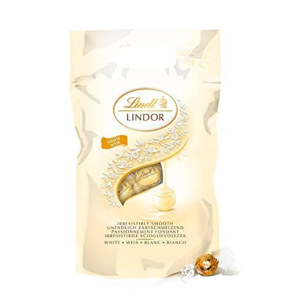 Bile de ciocolată albă LINDOR, 1 kg și LINDOR | pungă resigilabilă de 1 kg | aprox. 80 de bile de ciocolată cu lapte și mentă cu umplutură | Pachet vrac, cadou pralină, cadou ciocolată