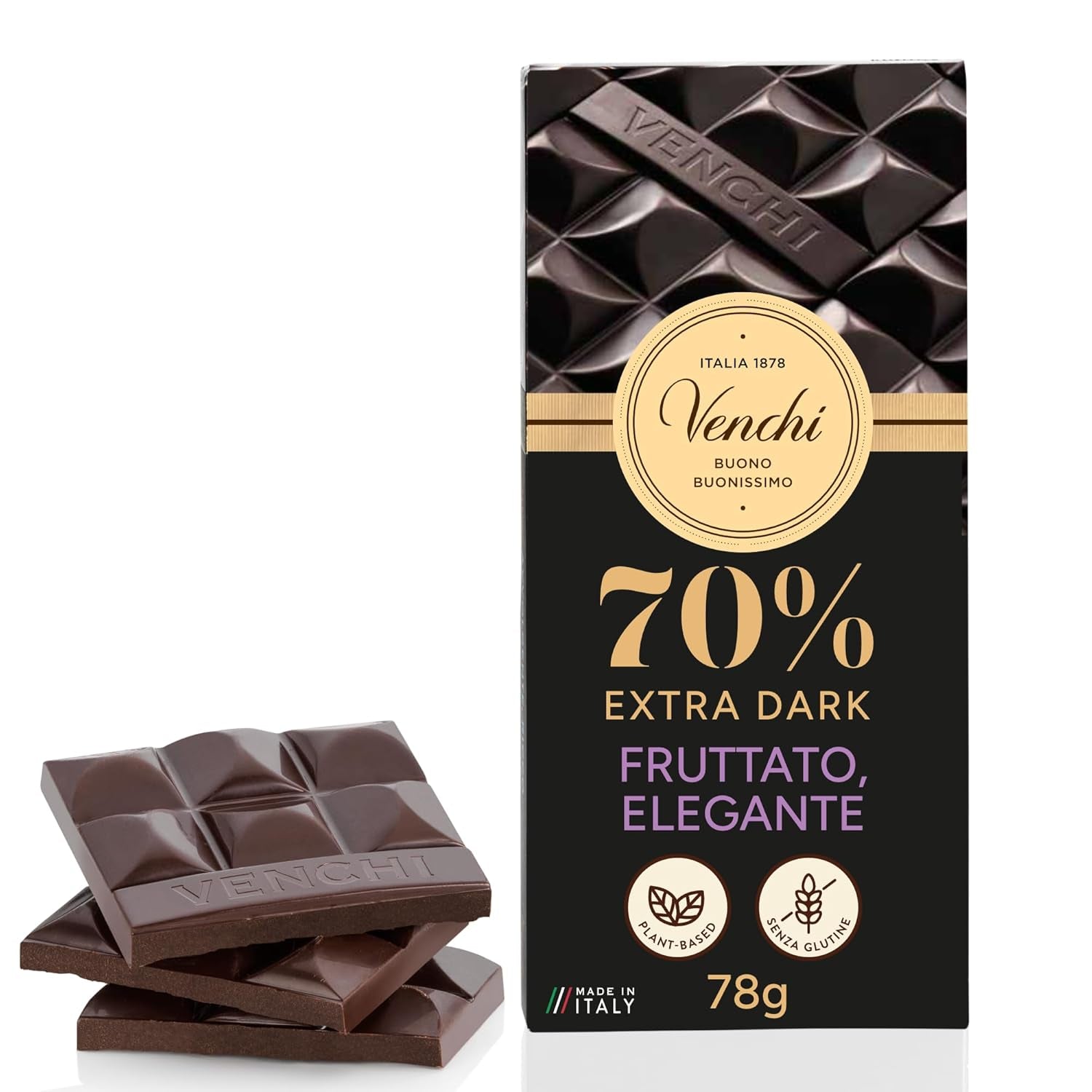 Venchi - Dark chocolate 70%, 78 g - With selected cocoa blends - Gluten free - Vegan