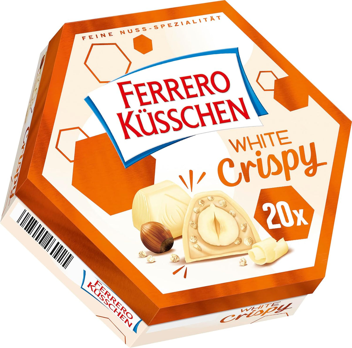 Ferrero Küsschen White Crispy - Valentine's Day gift for him and her - Crispy roasted hazelnuts in light cream with crispy chips, covered in white chocolate, 1 pack of 20 individual pralines