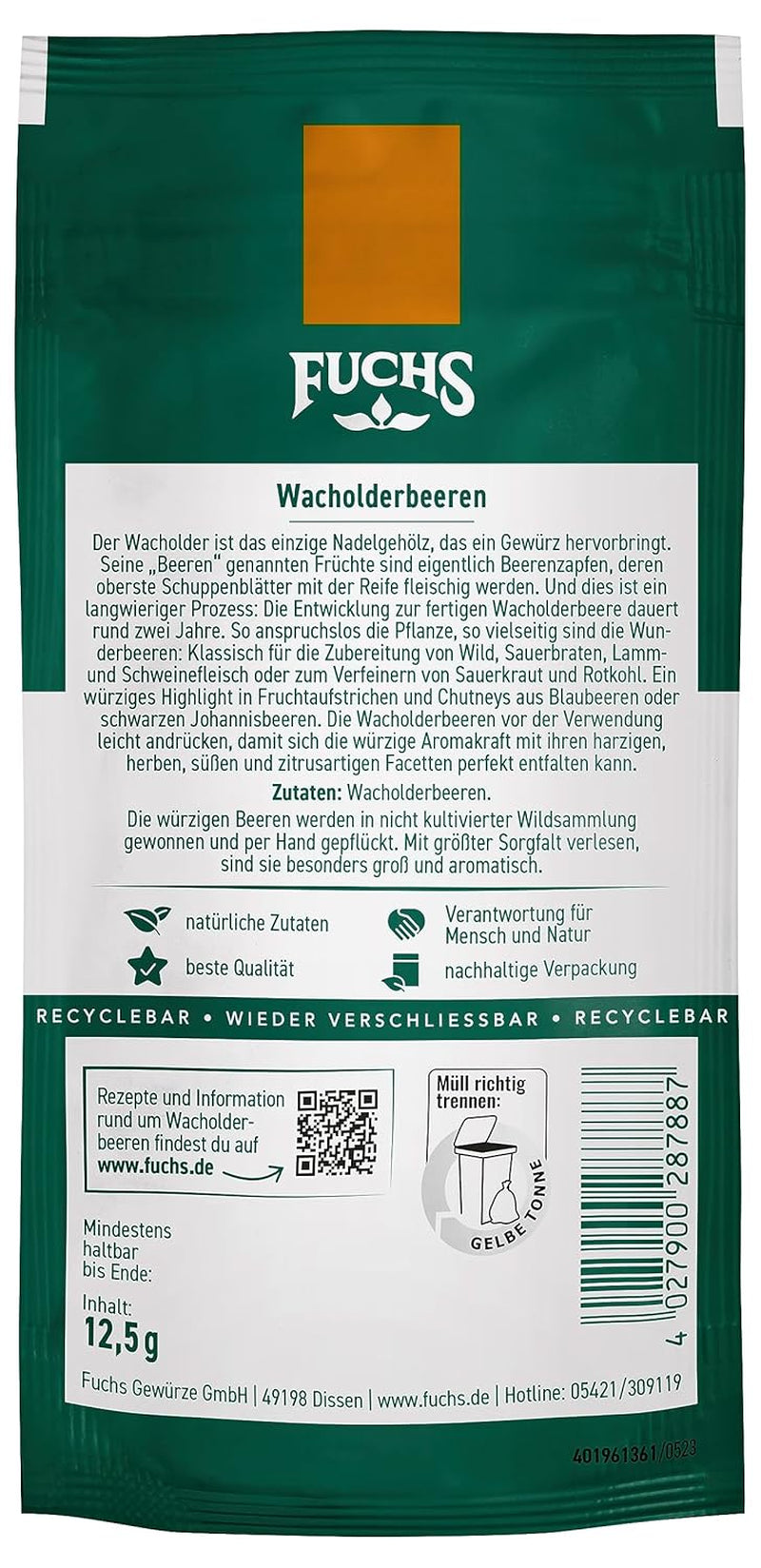 Fuchs Gewürze - Wacholderbeeren im wiederverschließbaren, recyclable Beutel - aus natürliche Ingredient - 12.5 g