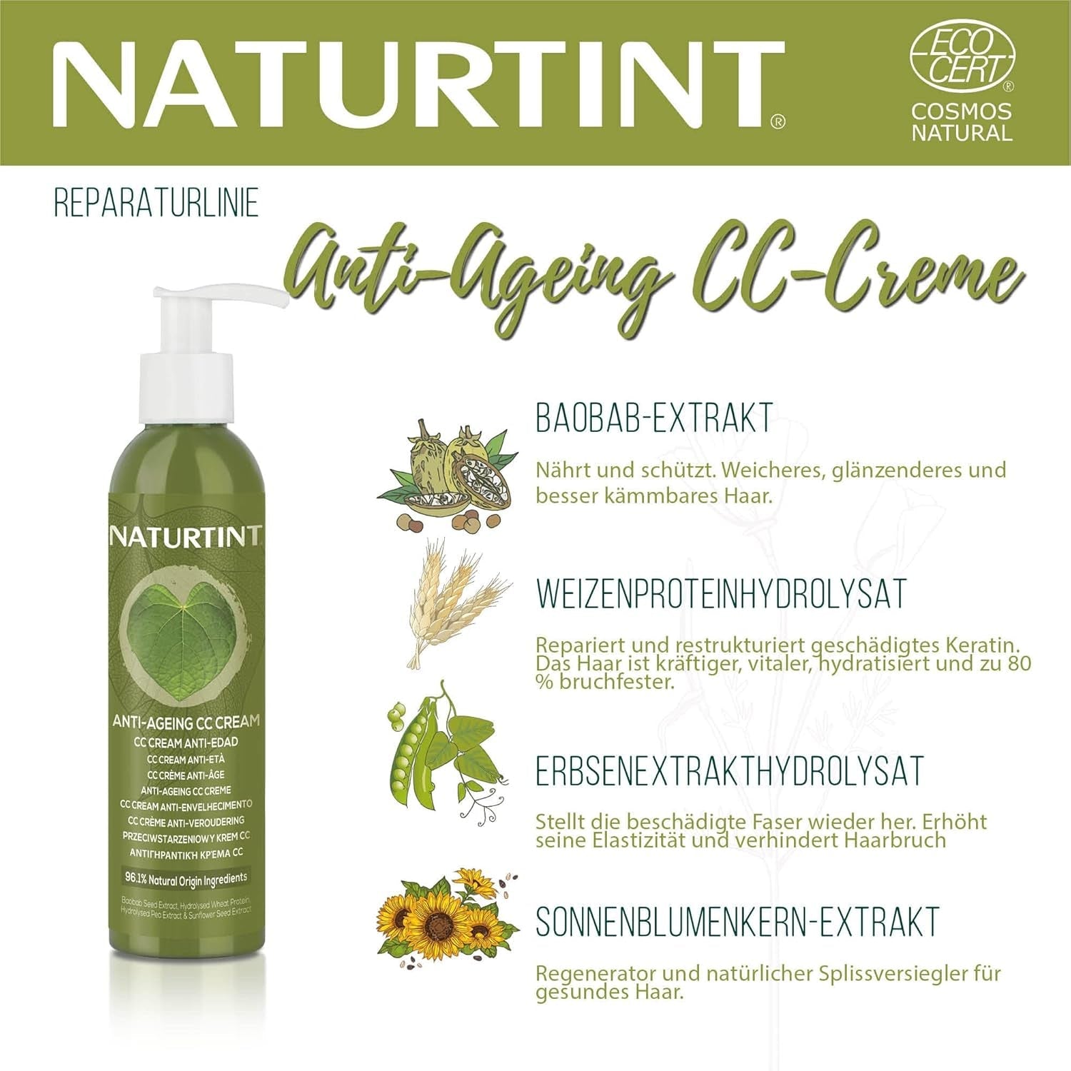 Natural Tint CC Cream. Mască de păr No Rinse. Pentru păr uscat și deteriorat. Repară și hidratează. 96% ingrediente naturale. 200ml Masca de par Naty Shop