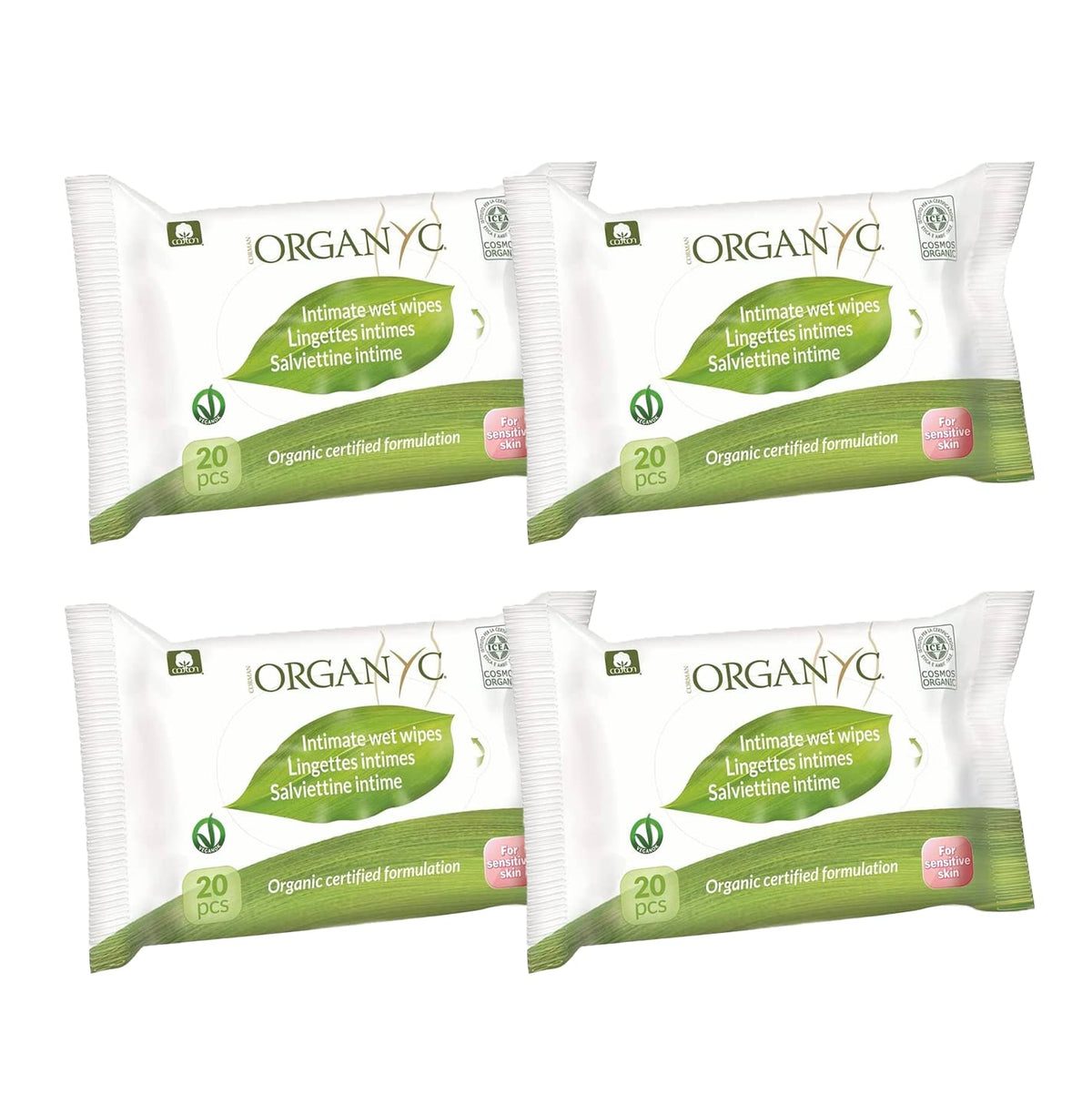 Organyc Moist Intimate Wipes, Made from 100% Certified Organic Cotton - 4 Packs of 20 Wipes (80 Wipes Total)