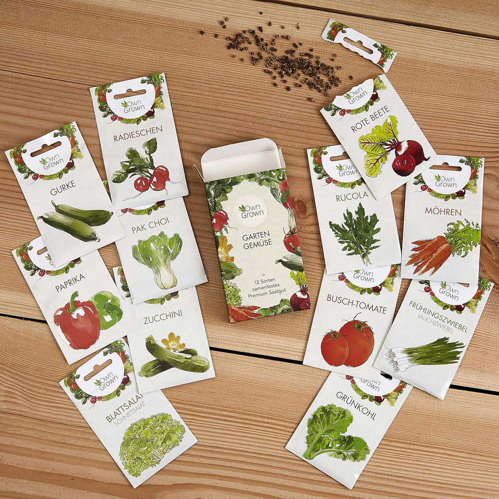 OwnGrown Vegetable Seed Set - 12 Pflanzensemen Sorten für Hochbeet und Garten - Praktische Box mit Gemüsesamen für den Anbau Frischer Ernte zu Hause - Ideal für Gartenliebhaber