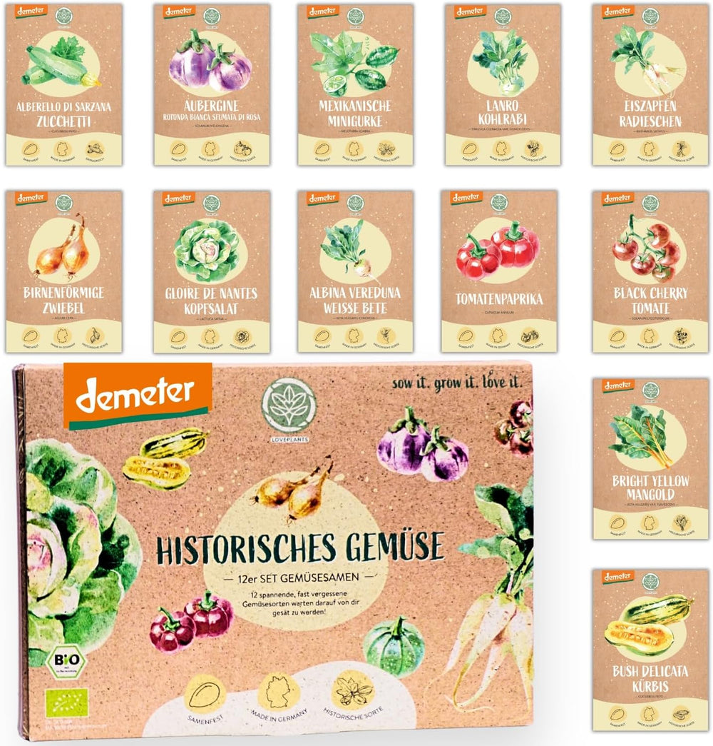 Organic Vegetable Seed Set - 12 Varieties of Demeter Vegetable Seeds | Rare and Family Vegetable Seeds, All Free Pollinated | Family vegetable varieties for balconies, raised beds, gardens and gifts | Loveplants