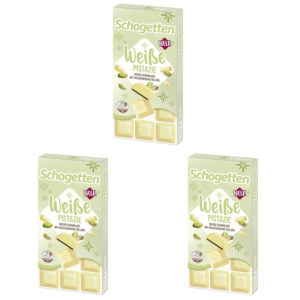 Schogetten White Pistachio | White chocolate with pistachio cream filling | 100 g | Conveniently Portioned (Pack of 3)