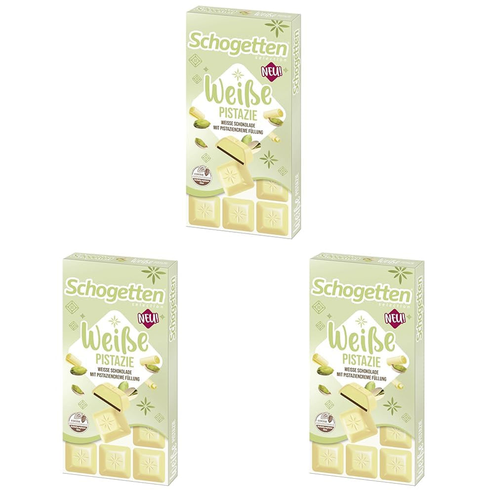 Schogetten White Pistachio | White chocolate with pistachio cream filling | 100 g | Conveniently Portioned (Pack of 3)