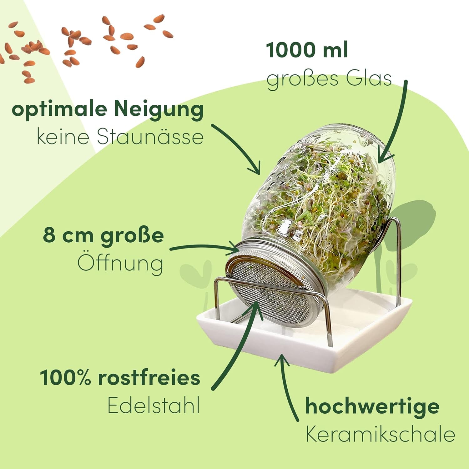 [Original starter set with sprouting jar + watercress strainer | 1000ml with High Quality Stainless Steel Mesh Cover Stand Ceramic Tray + ABC for Germination [Print Version] Seedling Tray with Germination Jar
