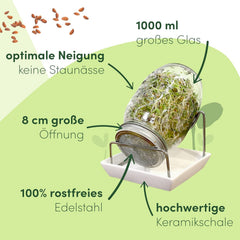 [Original starter set with sprouting jar + watercress strainer | 1000ml with High Quality Stainless Steel Mesh Cover Stand Ceramic Tray + ABC for Germination [Print Version] Seedling Tray with Germination Jar