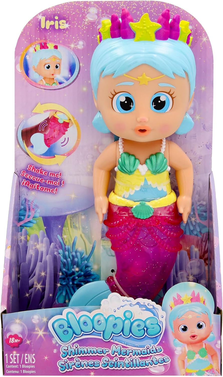 BLOOPIES Shimmer Mermaid Iris, Wasserspielzeug, Meerjungfrau mit glitzerndem Schwanz voller Wasserspritzer, Spielzeug Geschenk für Kinder ab 18 Monaten