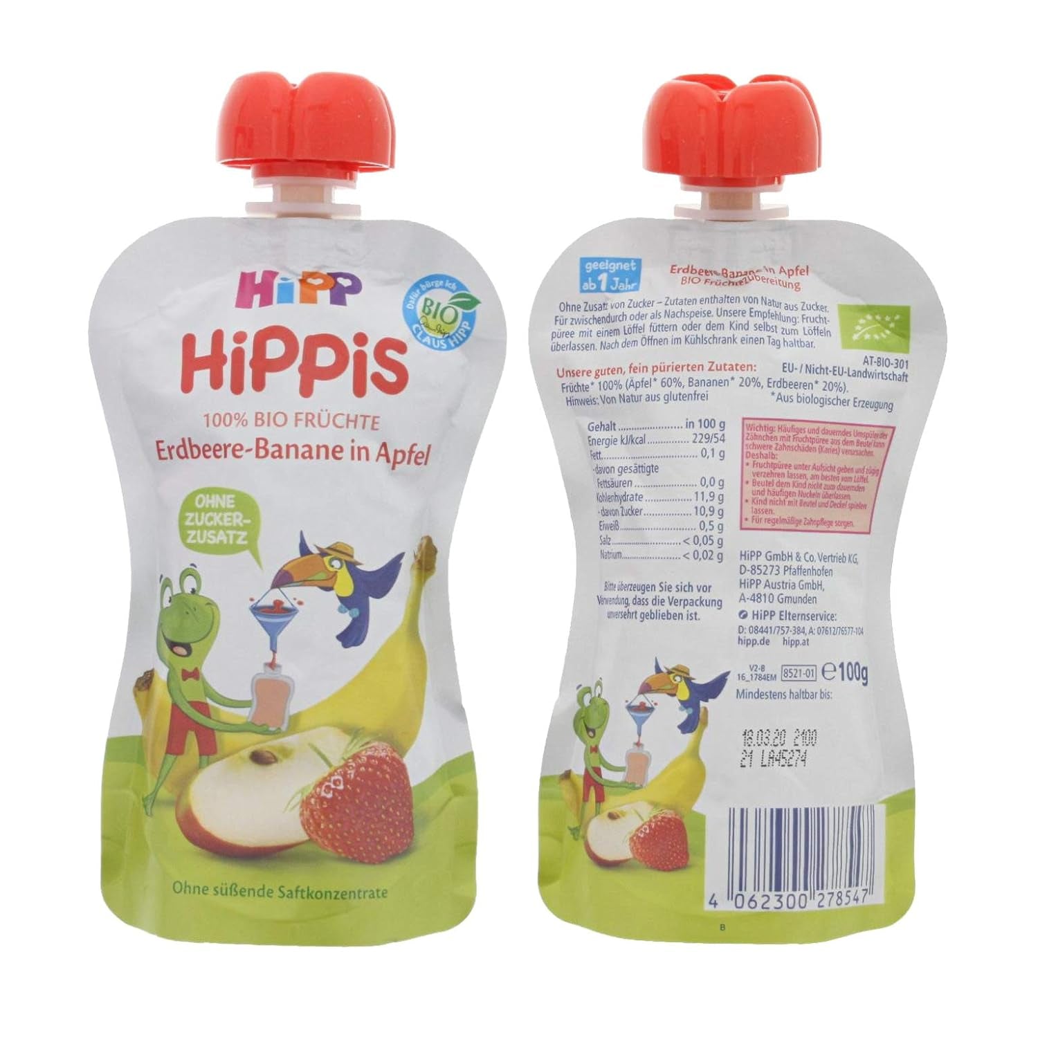 HiPP Organic for Children HiPPiS Strawberry Banana in Apple - Theo Toucan, 100g