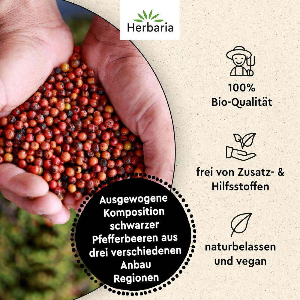 Herbaria Trio Noir bio 75g M-Dose – Bio Pfeffer schwarz ganz – ganze Pfefferbeeren – schwarze Pfeffermischung aus biologischem Anbau von drei verschiedenen Regionen - in nachhaltiger Aromaschutz-Dose