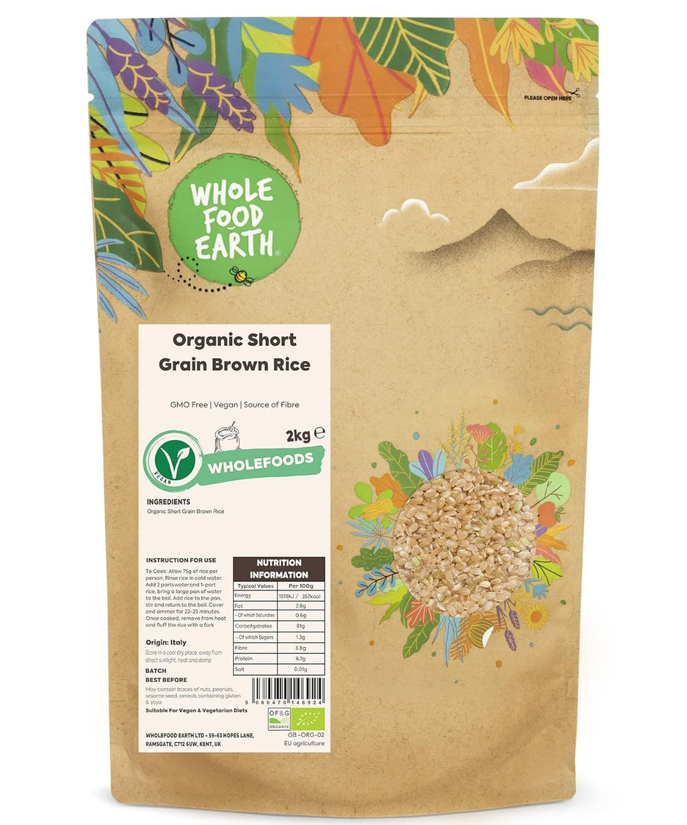 Wholefood Earth Organic Short Grain Brown Rice 3kg Non-GMO Vegan Source of Fiber From Controlled Organic Farming