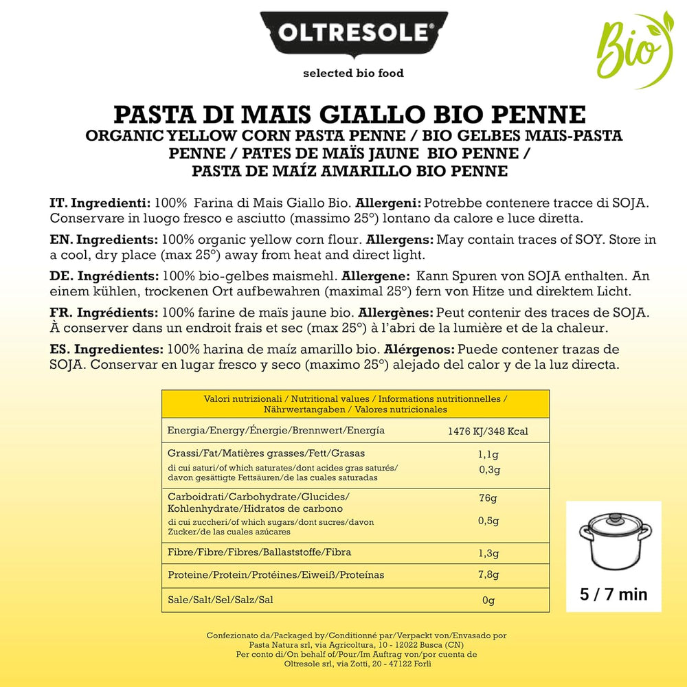 Pasta di Mais Giallo Biologica Italiana Gluten Free, Formato Penne - gluten-free pasta, 100% farina di mais giallo organic, vegan, confezione da 3 pacchi da 350 g