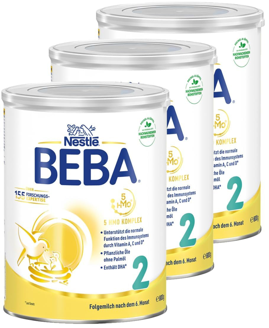 BEBA 2 - Follow-on milk after 6 months, with 5 HMO complex, age-appropriate protein content, lactose-free, palm oil-free, fish oil-free, baby food, baby milk powder, pack of 3 (3 x 800g)