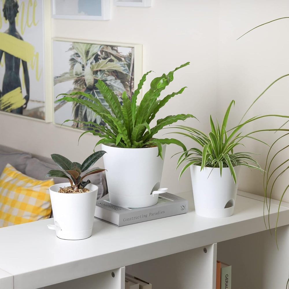 T4U 14cm Plastic Flower Pots with Watering System, Set of 6 Self-Watering Flower Pots and Saucers, Round Pots for Indoor Balcony Garden Plants, Succulents, Cacti, White