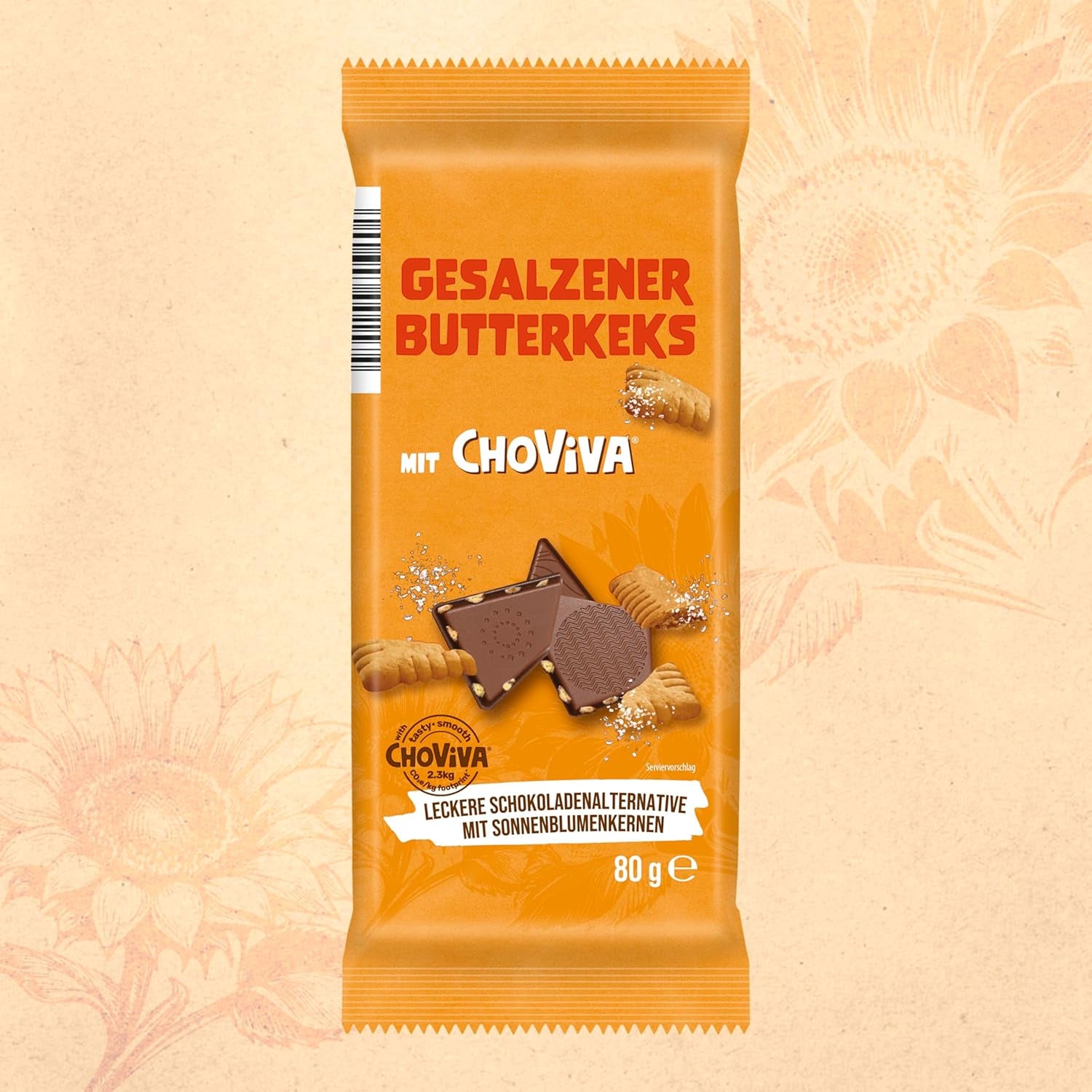 Salted Butter Biscuits and ChoViva, 80g bar, made from alternative chocolate with sunflower seeds