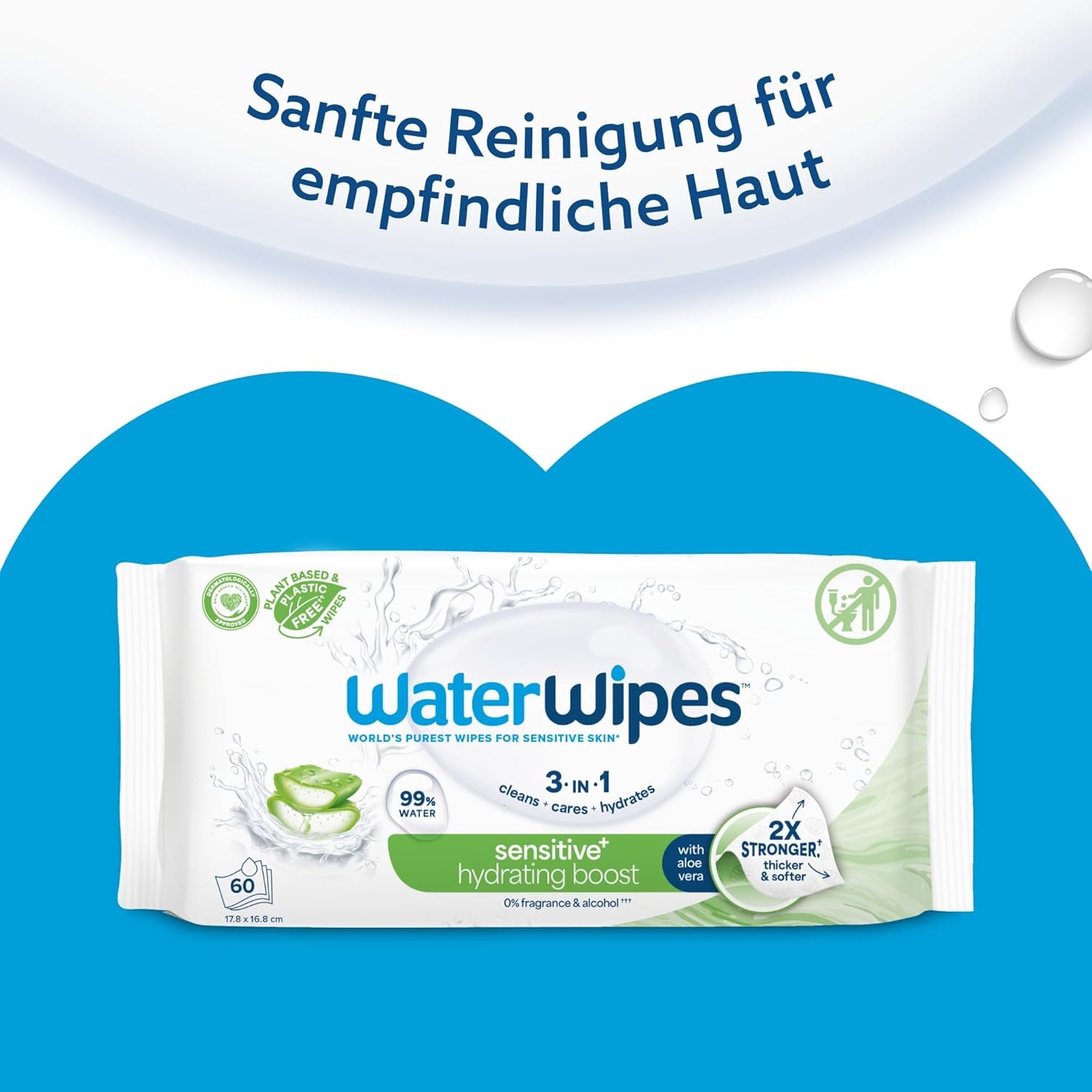WaterWipes Sensitive+ Hydrating Boost Wet Wipes, Hydrating Wipes, 720 Count (12 Pack), 3 in 1 Clean, Care, Hydrate, 99% Aloe Vera Water, Unscented Baby Wipes
