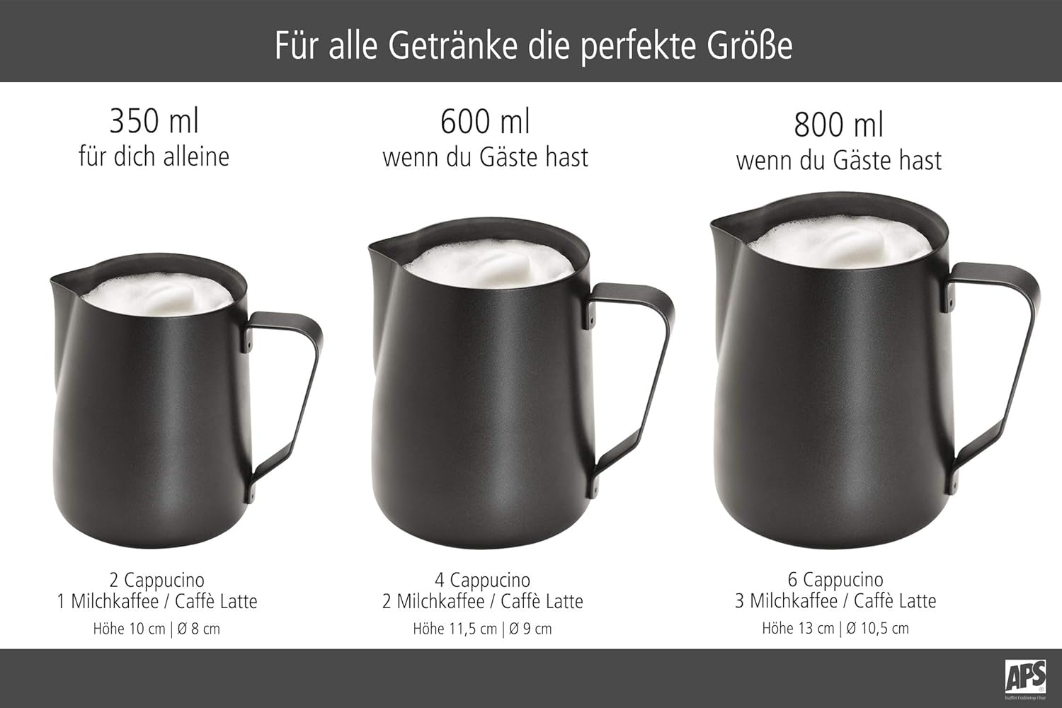 APS Milk Pitcher – Carafă de lapte de înaltă calitate, cu strat antiaderent, fabricată din oțel inoxidabil – Perfectă pentru prepararea spumei de lapte – Carafă universală, neagră, 600 ml