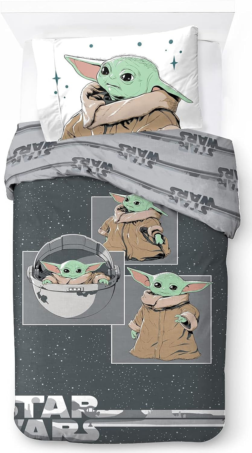Lenjerie de pat pentru copii, unisex, printese si super eroi, 100% bumbac Lenjerie de pat - copii Naty Shop Gri - Mandalorian 135X200/50X70 (2 Piece)