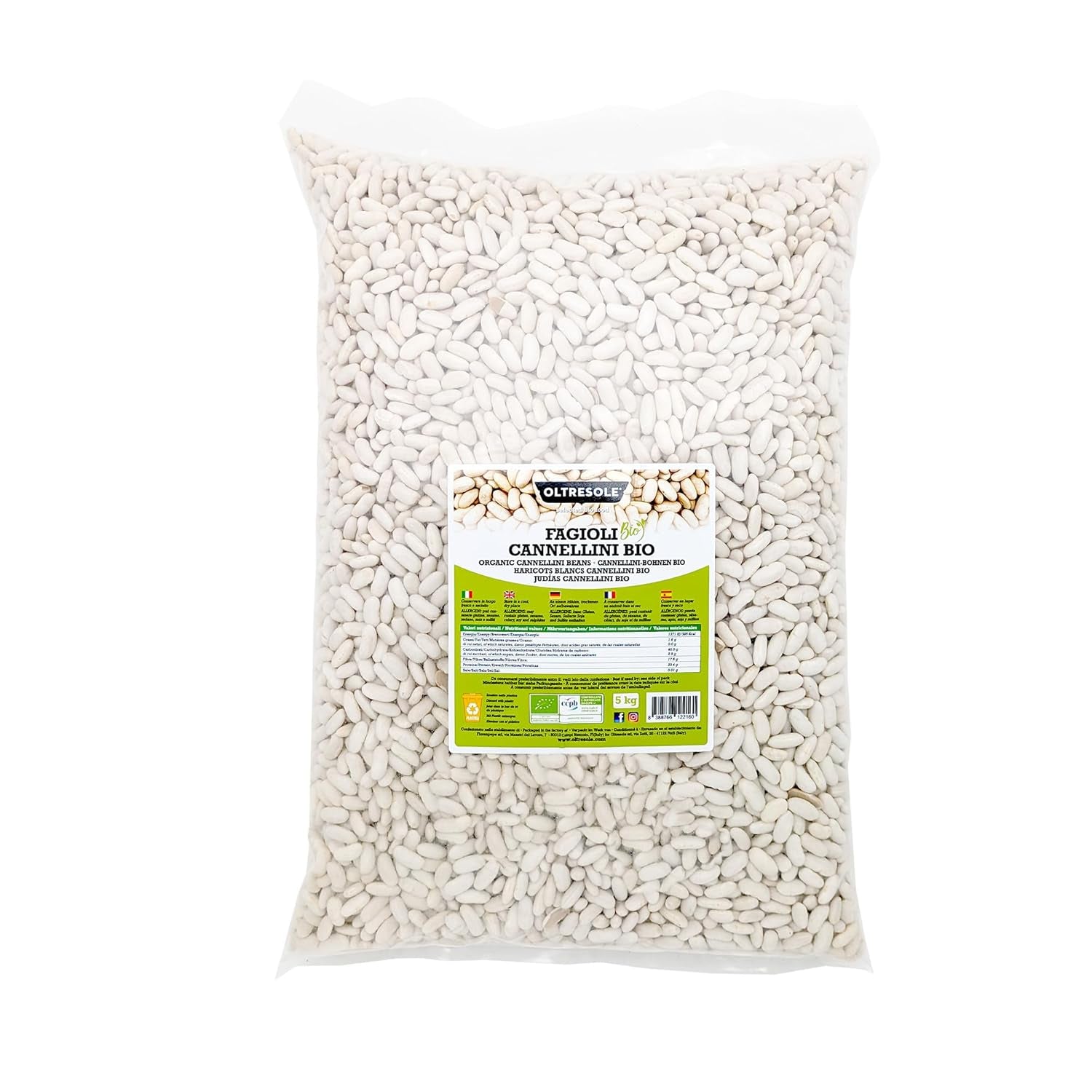 Organic Cannellini Beans, 5kg, Organic Dried Legumes from Controlled Crops, Rich in Fibre, Vitamins and Minerals, Ideal for Soups and Salads, Economy Package