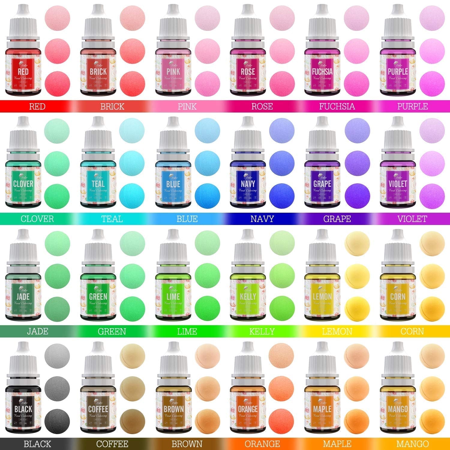 Colorant alimentar 24 de culori - Coloranți alimentari lichizi pentru coacerea prăjiturilor, fursecurilor, macaroanelor, decorare și gătit - Colorant alimentar vibrant pentru aerografare, fondant - 6 ml fiecare