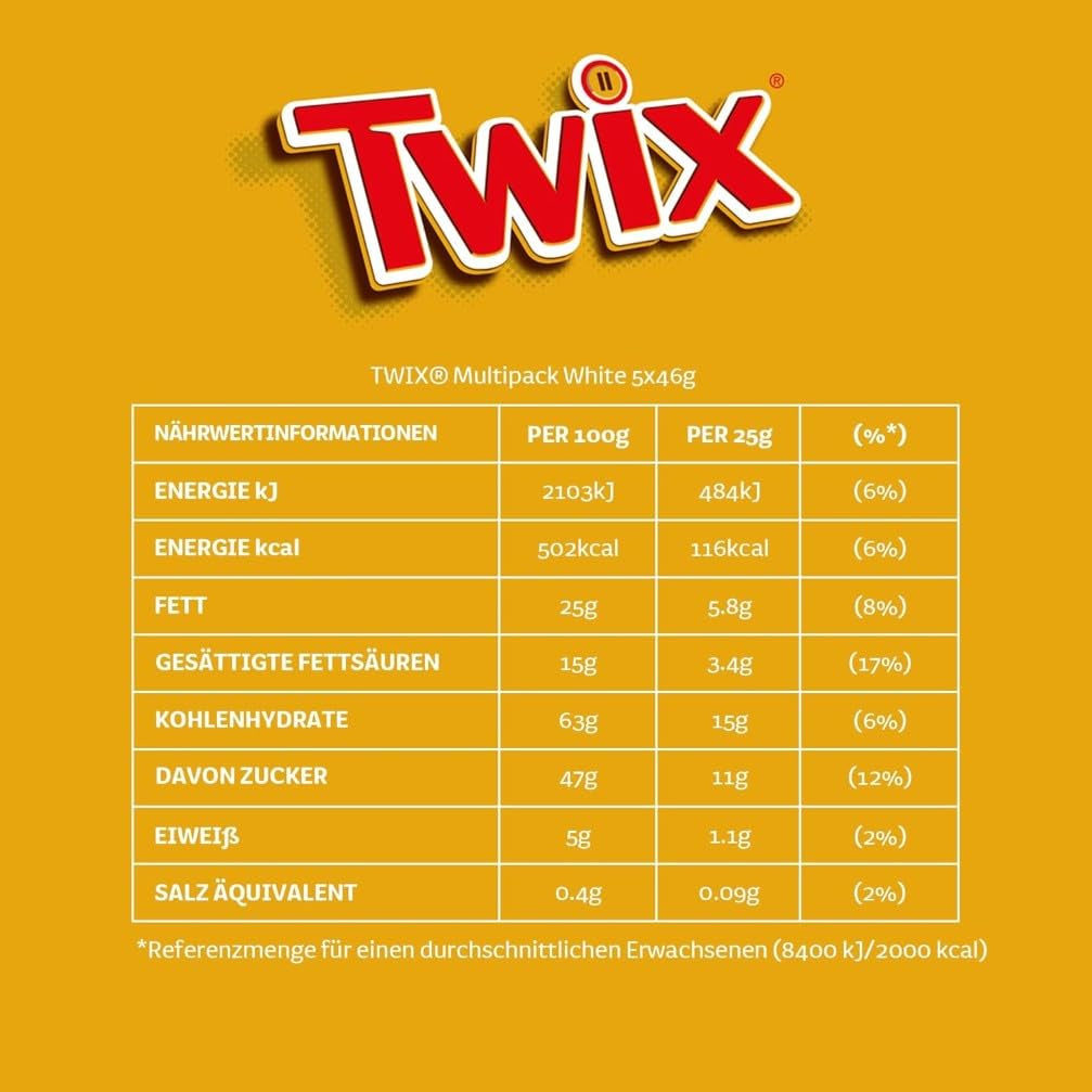 Twix white chocolate bars; caramel, biscuits, white chocolate; multiple pack of chocolates; 5 bars (5 x 46 g)