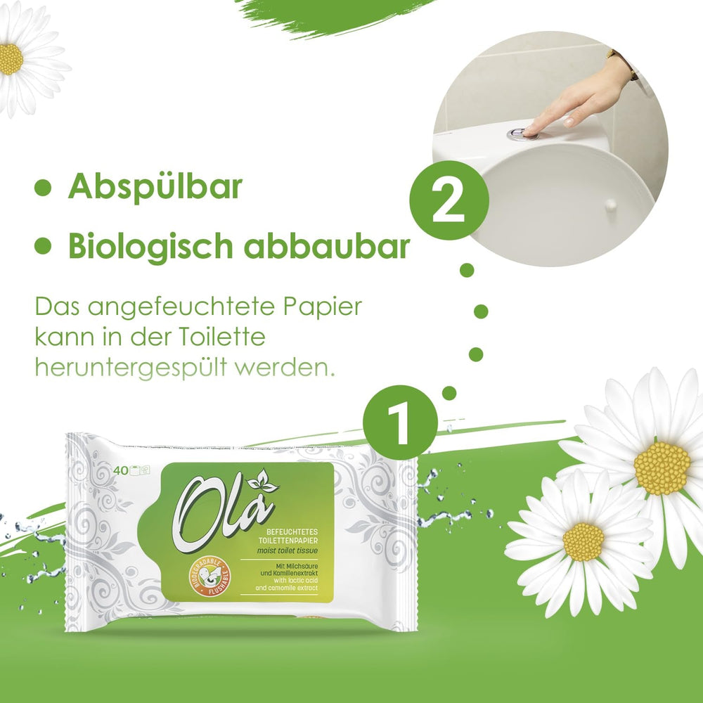 OLA hârtie igienică umedă - (1X40 bucăți) Șervețele umede - extract de mușețel și acid lactic, spălabile, piele sensibilă - 40 bucăți