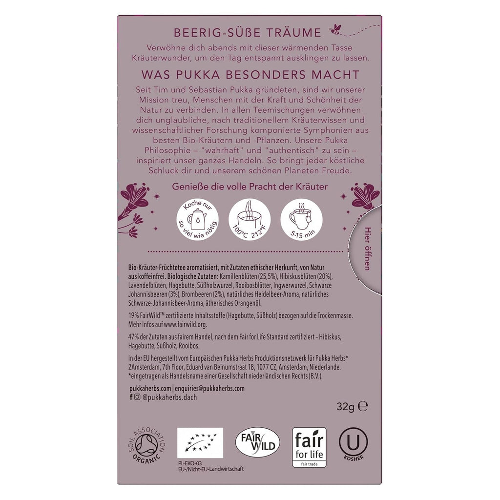 Pukka | Ceai de fructe bio „Night Time Berry” | Mușețel, coacăze negre și mure | Ceai pentru o seară relaxantă | Fără cofeină | Pachet de 1 | 20 pliculețe de ceai