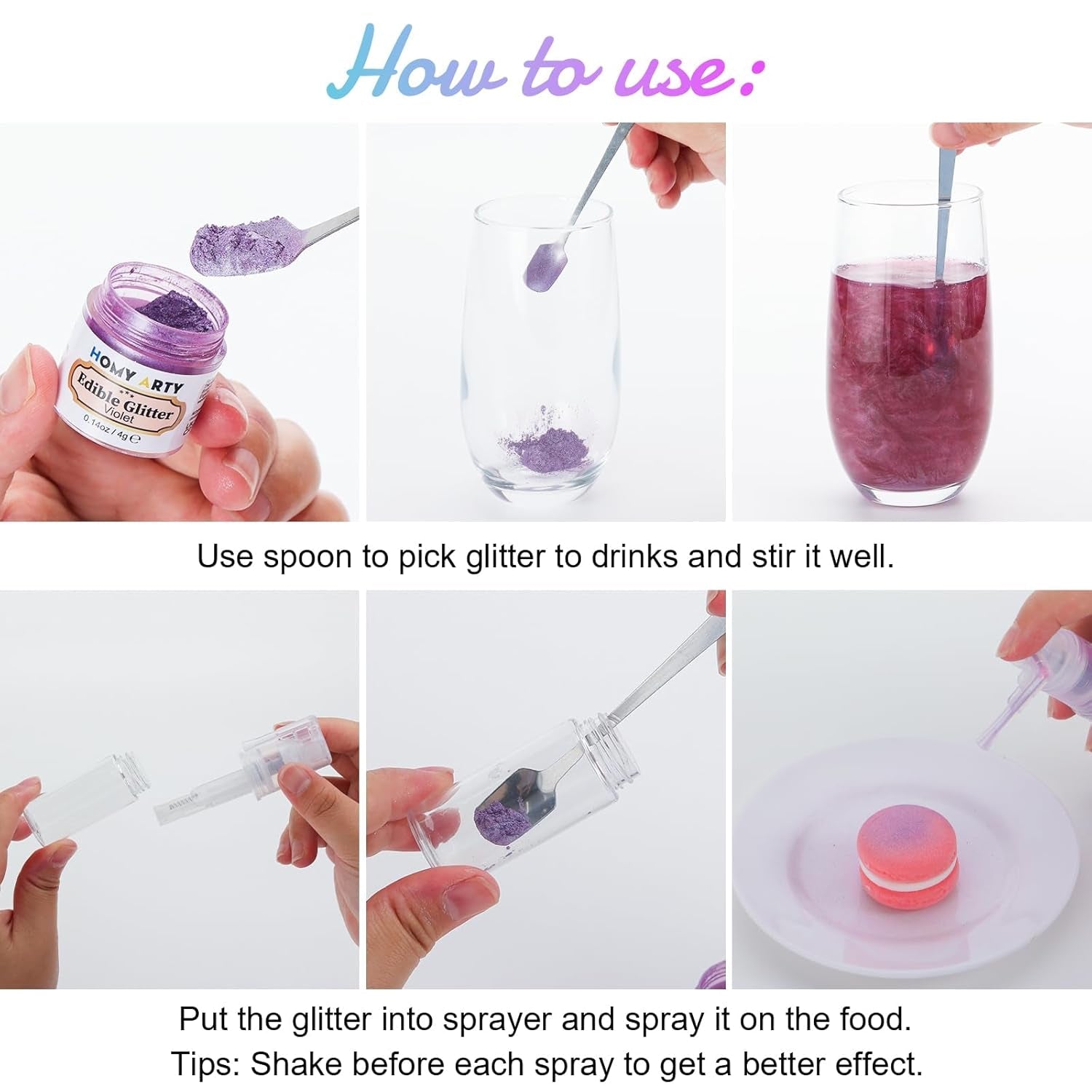 Set spray cu sclipici comestibil HOMY ARTY - 7 culori pudră cu sclipici comestibil fără aromă pentru băuturi, pudră colorant alimentar, sclipici comestibil pentru tort, șampanie, cocktailuri, spray cu sclipici comestibil - 4G