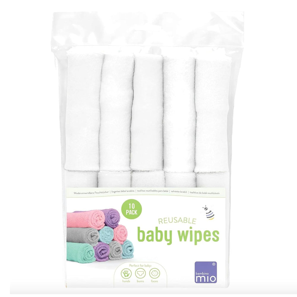Bambino Mio Reusable Baby Wipes - Basic - Eco Friendly, Chemical Free, Double Sided, Washable, 10 Pack, Cloud - Packaging May Vary