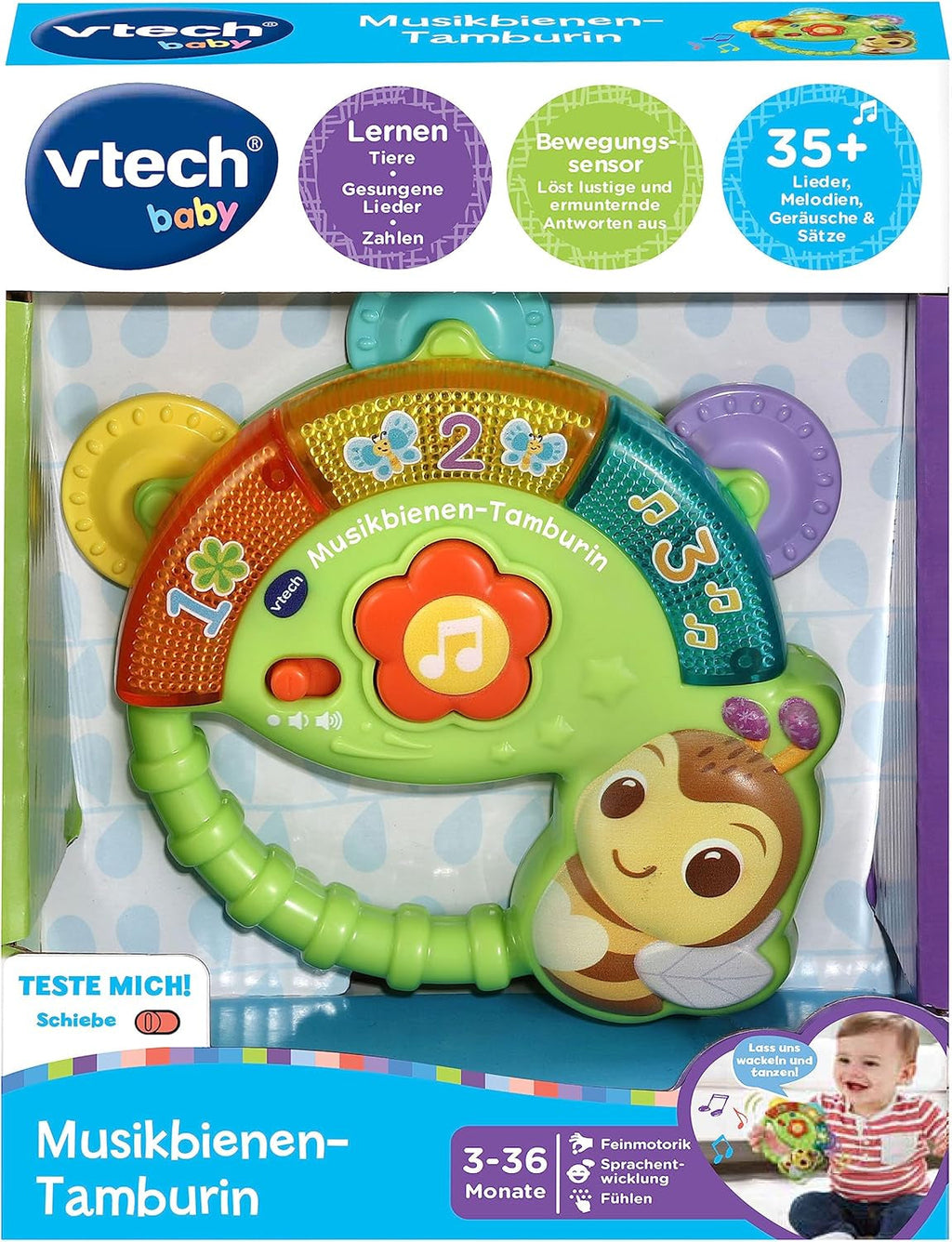 Vtech Baby Musical Bee Tambourine - Jucărie muzicală cu numere, sunete amuzante, propoziții și cântece - Pentru copii cu vârsta cuprinsă între 3-36 luni Jucarii Bebe Naty Shop