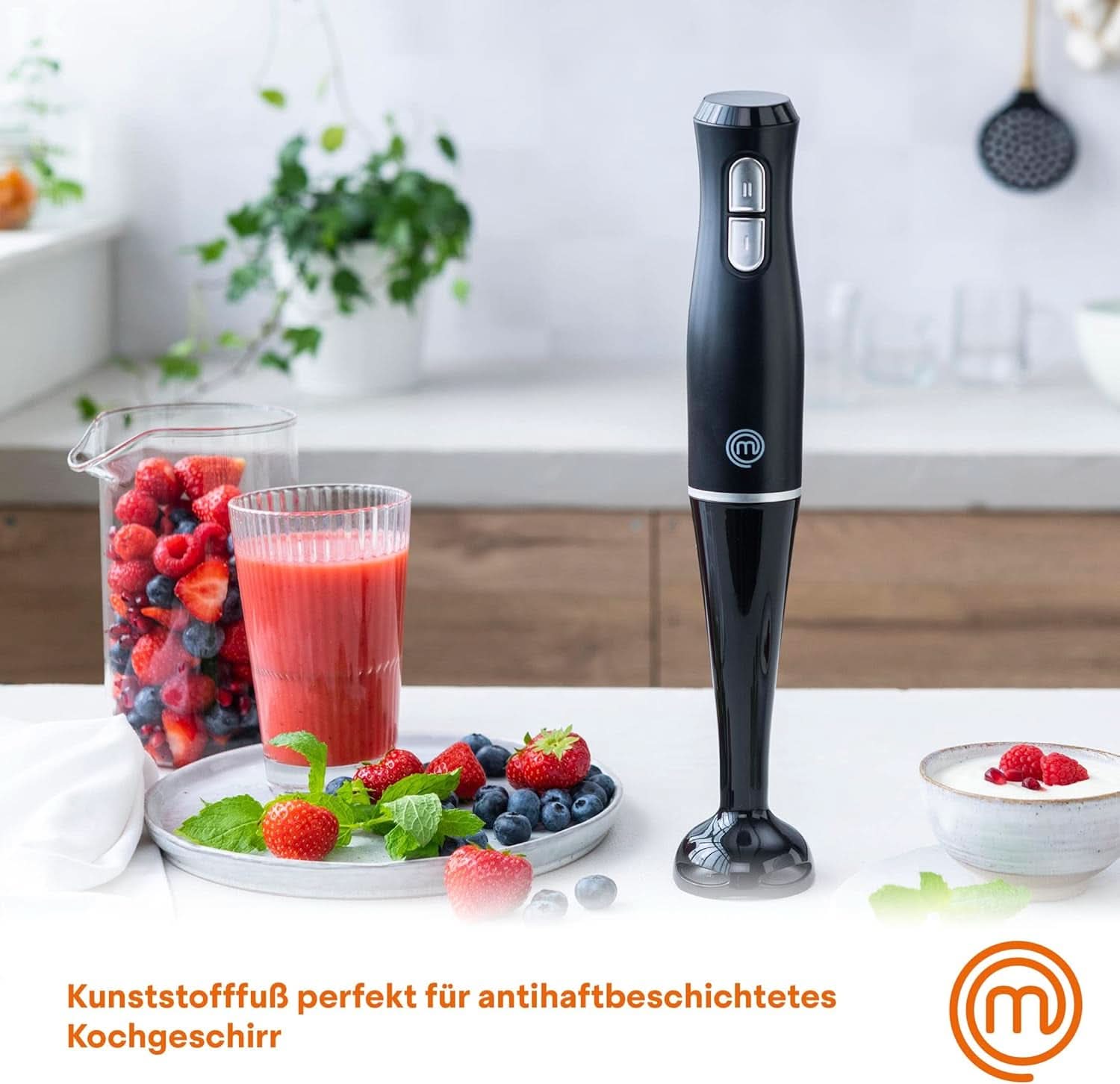 Masterchef Stabmixer, Pürierstab Mit Spritzschutz, Zauberstab Küchengerät, Elektrische Mixstab Hand Blender Mit 2 Geschwindigkeiten, Eintauchfunktion, Spülmaschinenfeste Komponenten, 200W, Schwarz Bucatarie Naty Shop