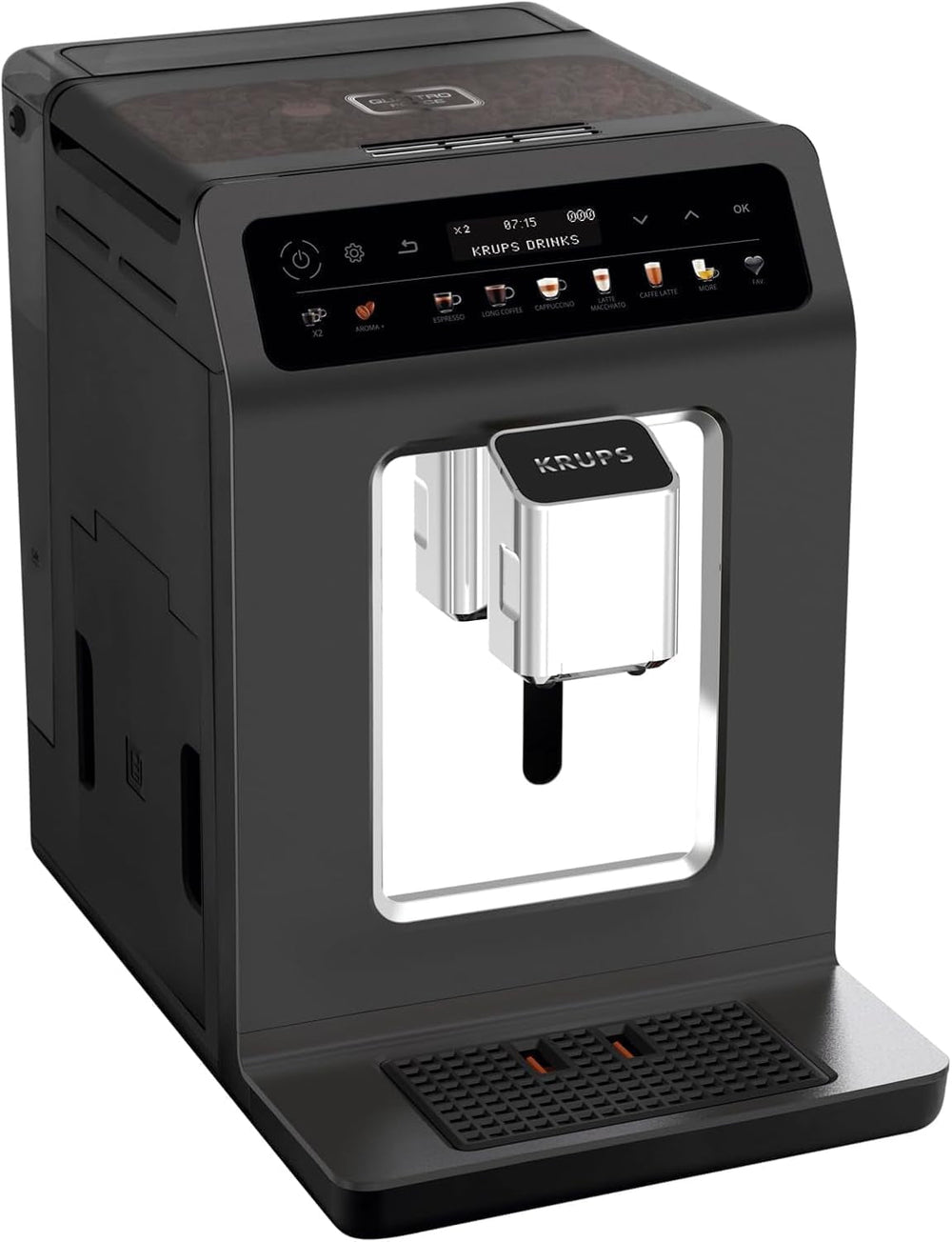 Espressor automat KRUPS Evidence One cu furtun pentru lapte, cappuccino cu o singură atingere, 12 specialități de băuturi, funcție pentru 2 cești, afișaj color, espressor, certificat TÜV, negru, EA895N10