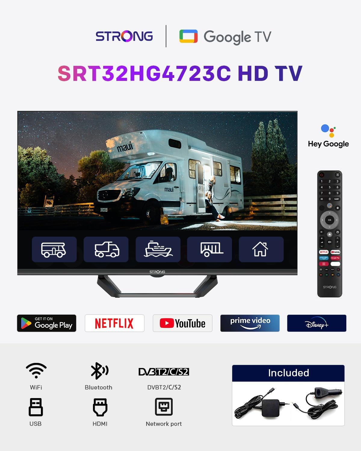 Televizor HD STRONG SRT32HG4723C de 32'' - DVB-S2/C/T2, 12V Ideal pentru autorulote, bucătării, dormitoare, bărci, 2 porturi HDMI + 1 port USB + Mini-AV + conexiune antenă/satelit - Negru