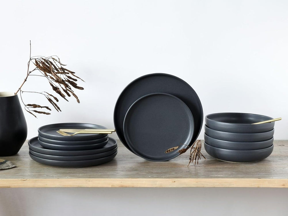 Creatable, 22979, Serie Uno BLACK, 12-Teiliges Geschirrset, Teller Set Aus Steinzeug, Spülmaschinen- Und Mikrowellengeeignet, Made in Portugal Tableware Sets Naty Shop