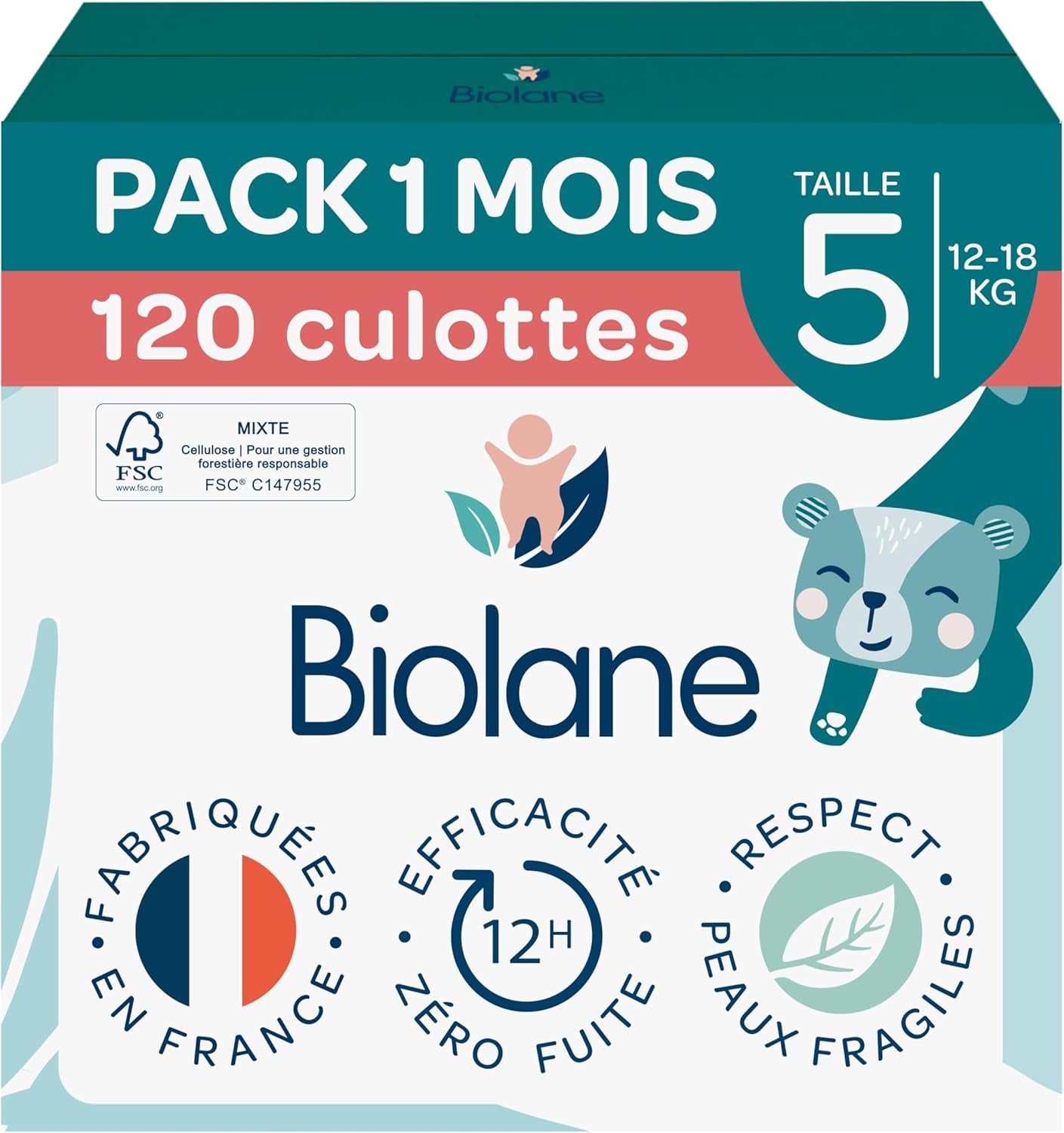 BIOLANE - Short diapers - Size 5 (12-18 kg) - 12 hour tightness - 1 month pack - 120 diapers - ecological