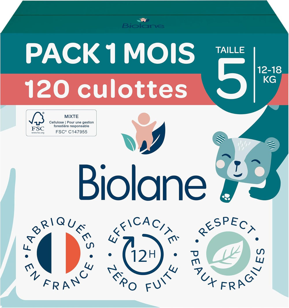 BIOLANE - Short diapers - Size 5 (12-18 kg) - 12 hour tightness - 1 month pack - 120 diapers - ecological