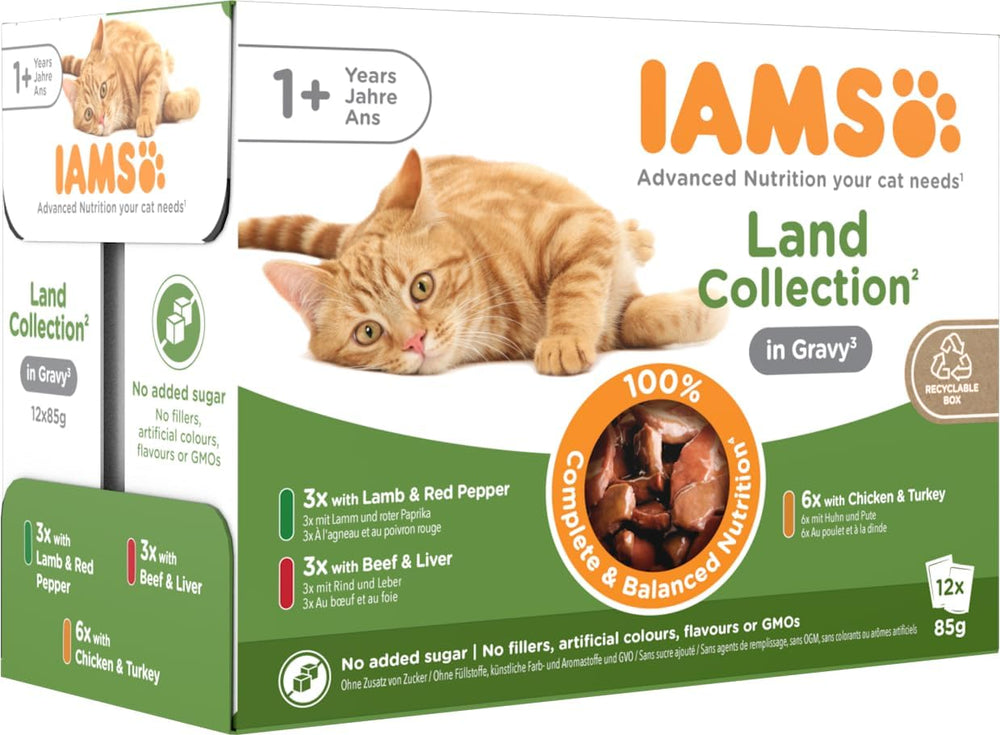 IAMS Delights Land Collection Hrană umedă pentru pisici - Pachet multiplu cu varietăți de carne (miel, vită, pui și curcan) în sos, hrană umedă pentru pisici de la 1 an, 12 x 85g
