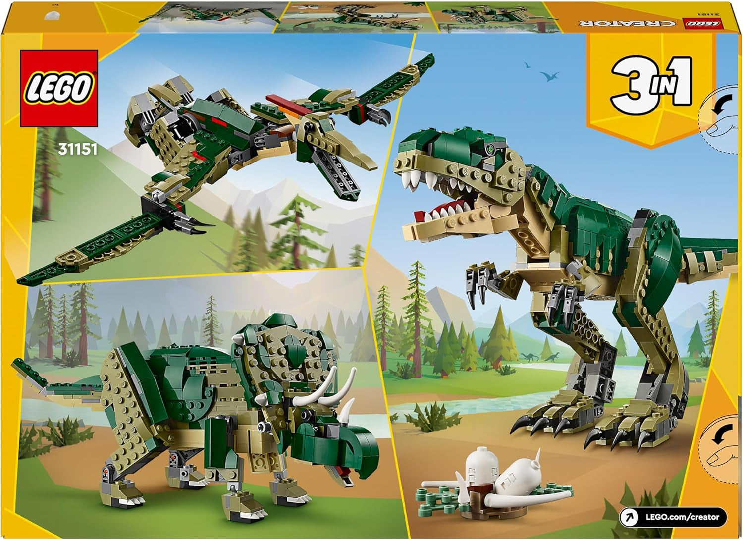 LEGO Creator T.Rex, Dino 3-in-1 Transformable Triceratops or Pterodactyl, Mobile Dinosaur Model for Kids, Gift for Boys and Girls 31151 Building Sets Besuche den LEGO-Store