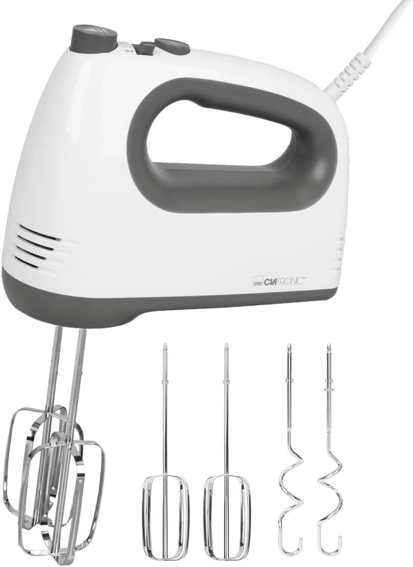 Clatronic Mixer | Kraftvoller 400 Watt-Motor | Hand mixer | Turbostufe & 5 Geschwindigkeitsstufen | Hand mixer | Spülmaschinengeeignete Edelstahlquirle Und -Knethaken | HM 3775 Kitchen Naty Shop Weiß-Grau 400 Watt
