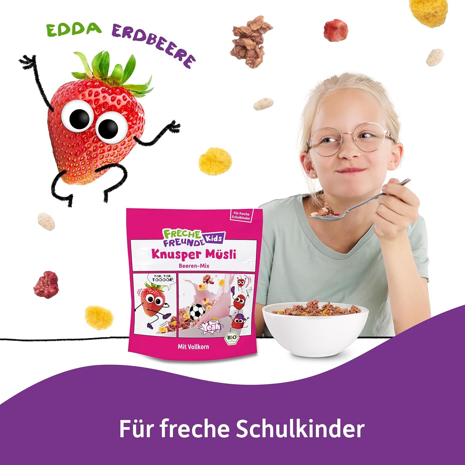 FRECHE FREUNDE Organic Breakfast Muesli Edda's Berry Crunchy Muesli Mix for Schoolchildren with Freeze Dried Strawberries Vegan 6 Pack (6 x 280g)