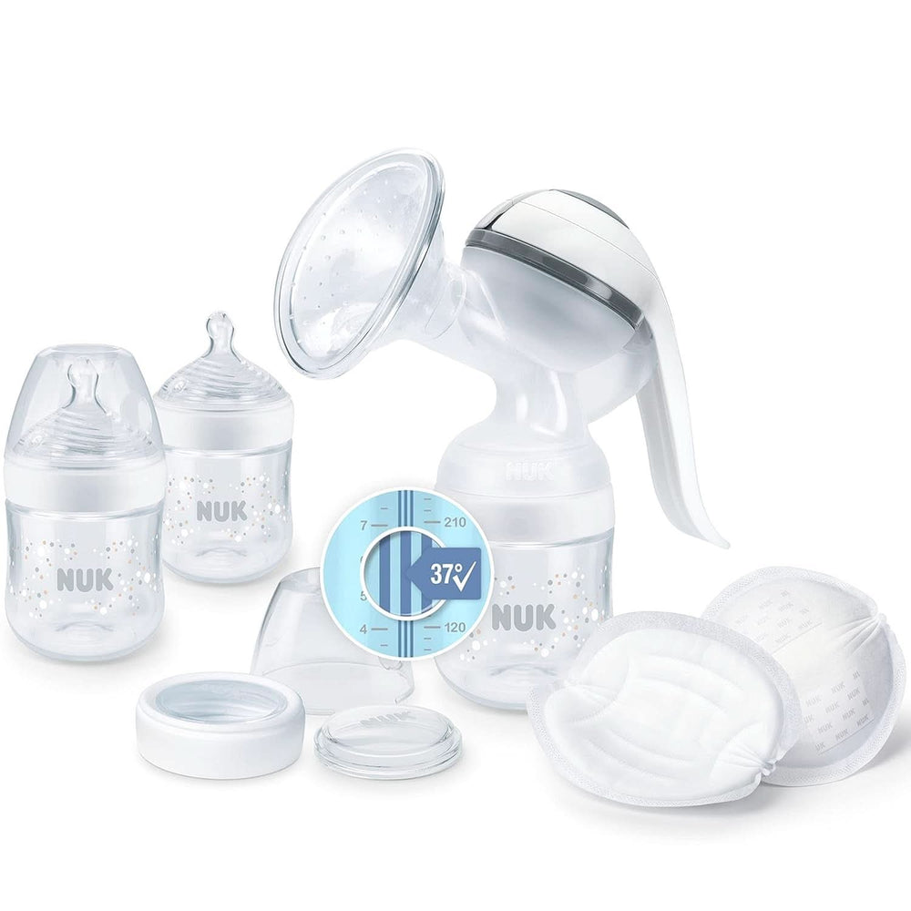 Pompă de sân manuală NUK Nature Sense | Set de alăptare cu pompă de sân manuală, biberoane și tampoane de alăptare Ultra Dry Comfort | 6 piese Accesorii Hrana si Alaptare Bebe Naty Shop Single Cu control al temperaturii