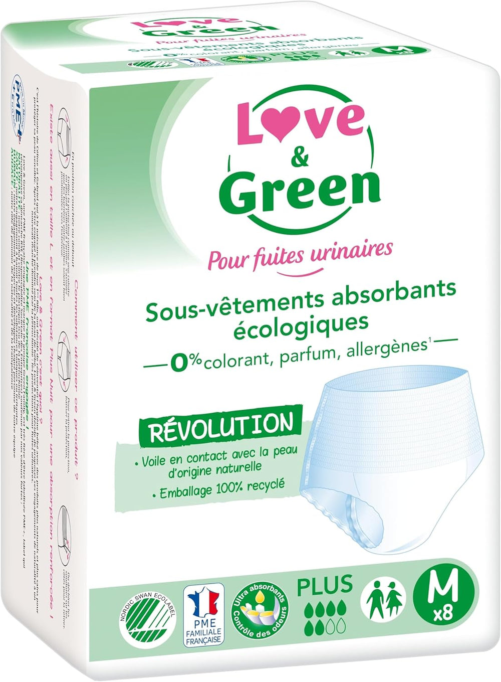Adult hypoallergenic and eco-friendly absorbent underwear, size M, 8 pieces