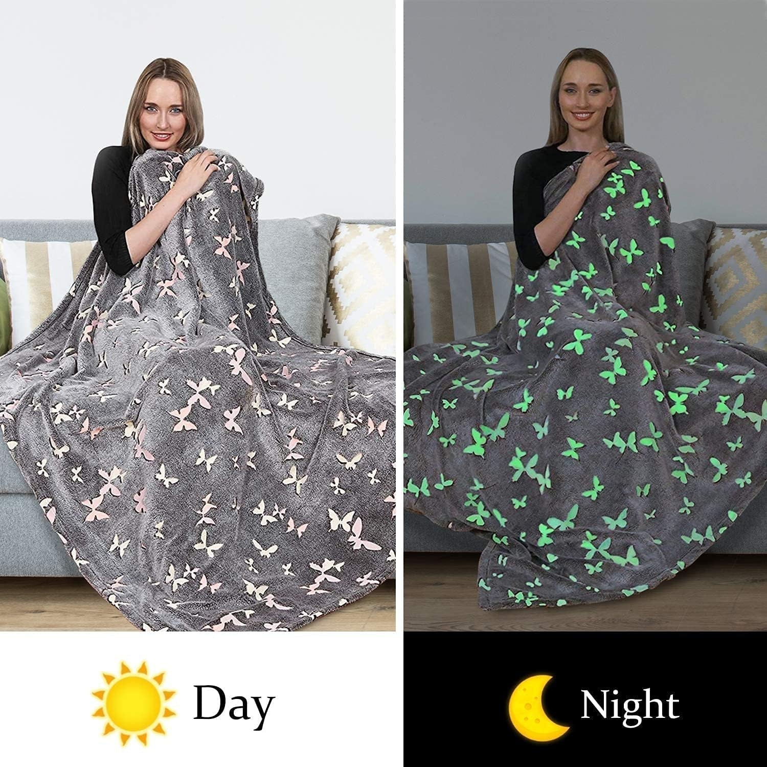 Kanguru Glow Bedspread Glow in the Dark Blanket Butterfly Blanket Soft Blanket 130X150Cm Luminous Sofa Bedspread. Glow in the Dark children's blanket, gray Beds and Blankets Besuche den Kanguru-Store