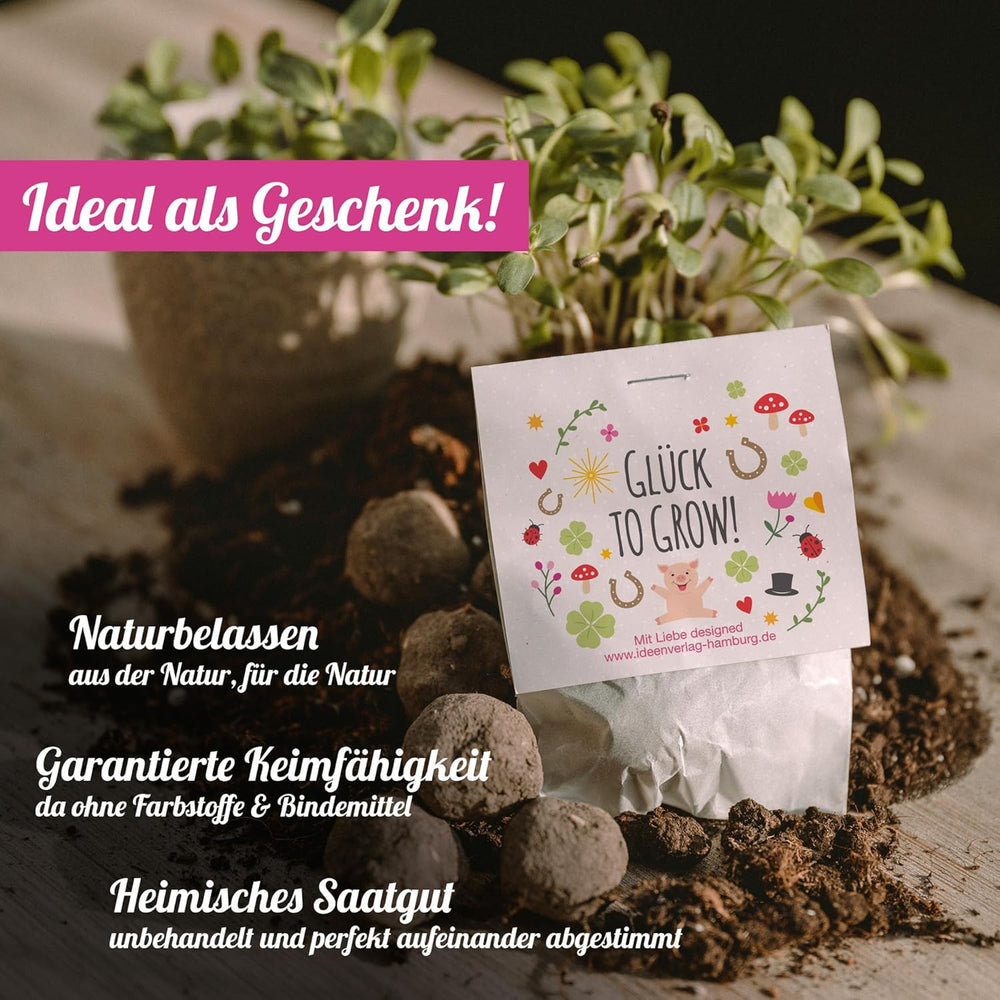 10x "Glück to grow" Semenbomben als Glückbringer 2026 & Blumensamen Geschenk | Mitbringsel Erwachsene & kleine Gastgeschenke Silvester - Kleeblatt Glückbringer Prüfung - inkl. Gift Cards Set